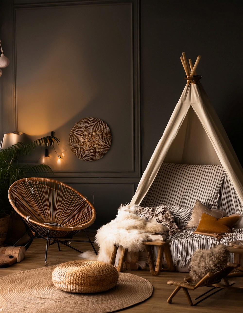 Ethereal Boho Living Room with vintage chairs and wigwam bed in dark