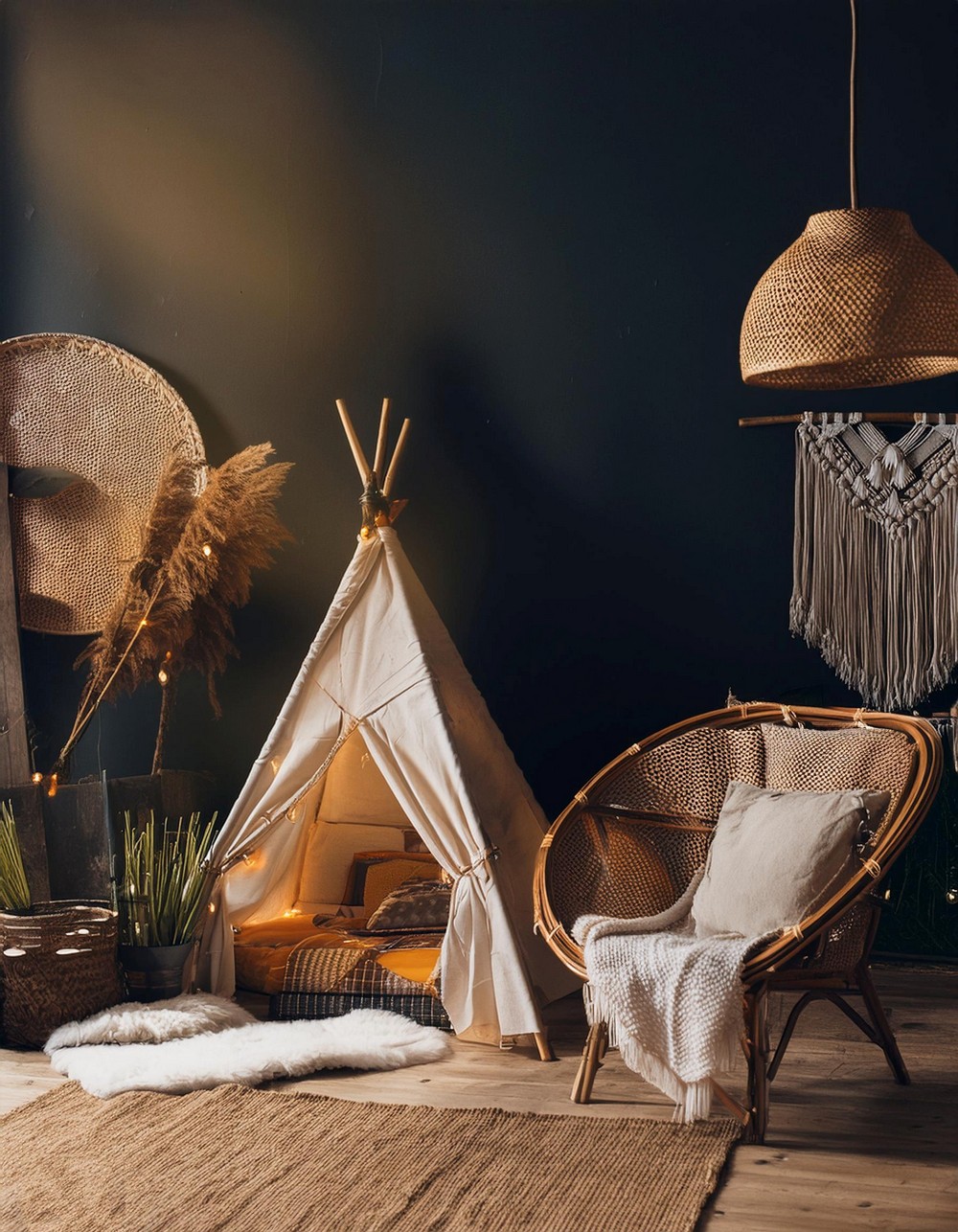 Ethereal Boho Living Room with vintage chairs and wigwam bed in dark