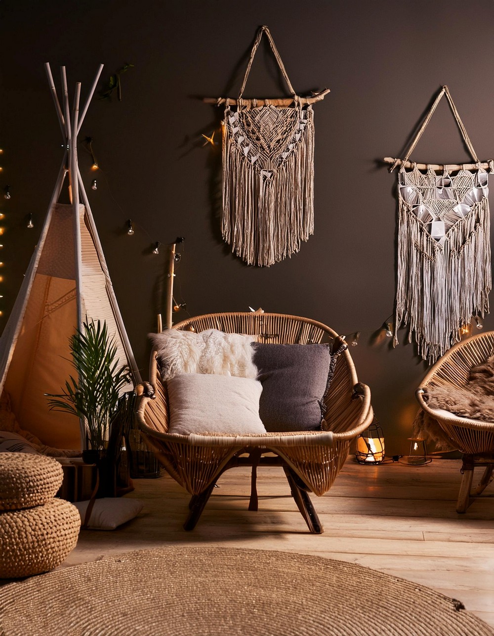 Ethereal Boho Living Room with vintage chairs and wigwam bed in dark